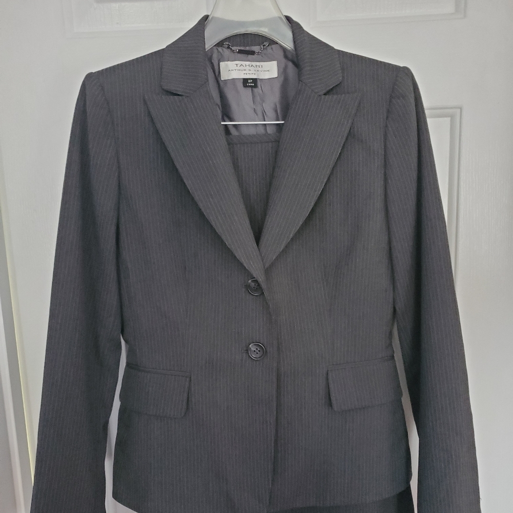 Tahari Grey Pinstripe Skirt Suit
